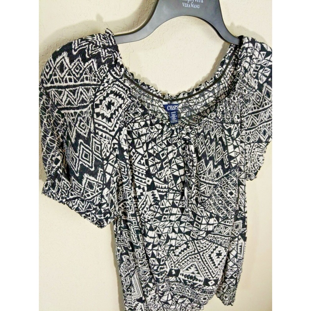 Womens Chaps Peasant Blouse‎ Black White Tribal Print Sz S Small NWT